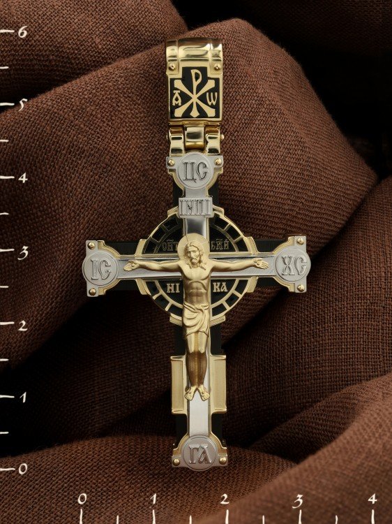 Крест из лимонного золота c эмаль и эбеновым деревом