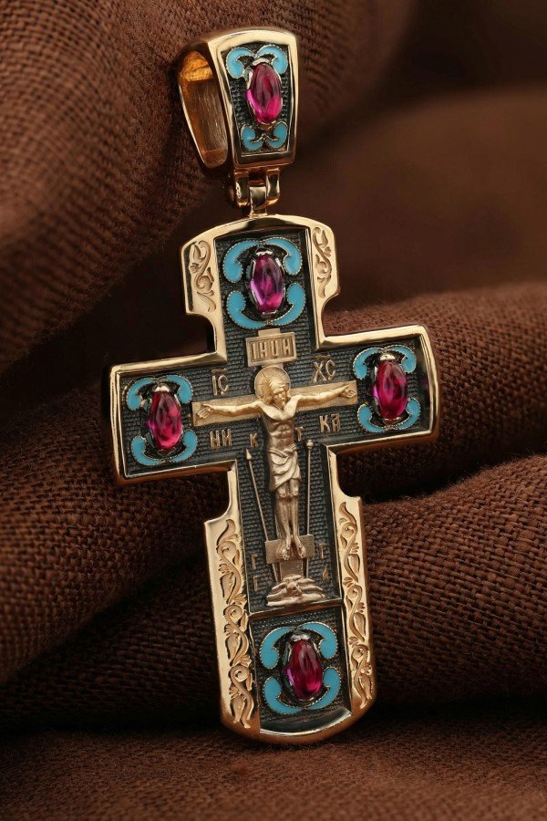 Крест из золота c эмаль и рубином