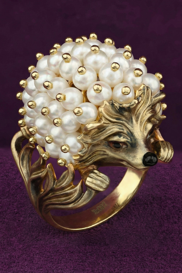 Кольцо из лимонного золота c эмаль и жемчугом