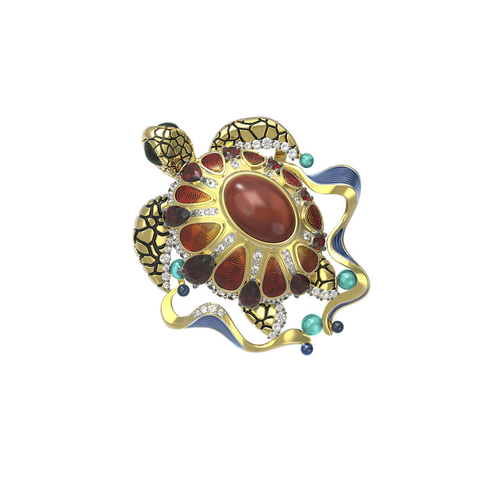 Подвеска из лимонного золота c эмаль , фианитом, гранатом и янтарём