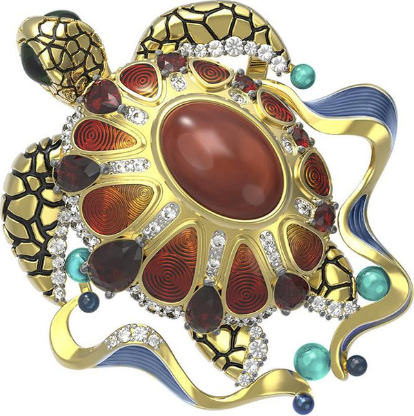 Подвеска из лимонного золота c эмалью, фианитом, гранатом и янтарём