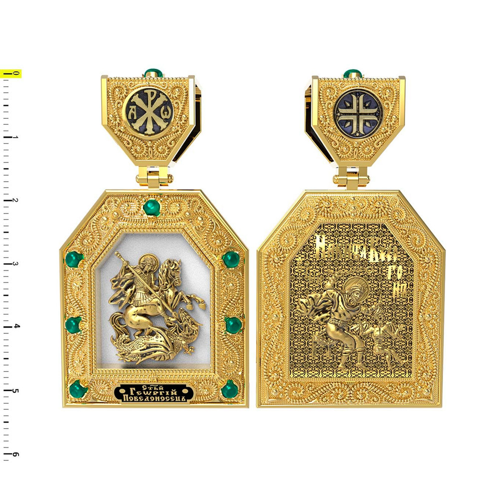 Образок из лимонного золота c эмалью и хризопразом