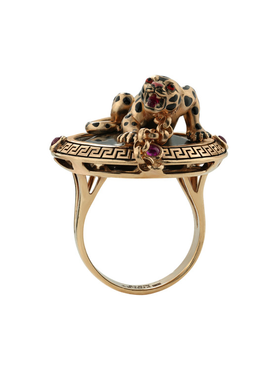 Кольцо из золота c эмалью, ониксом и рубином