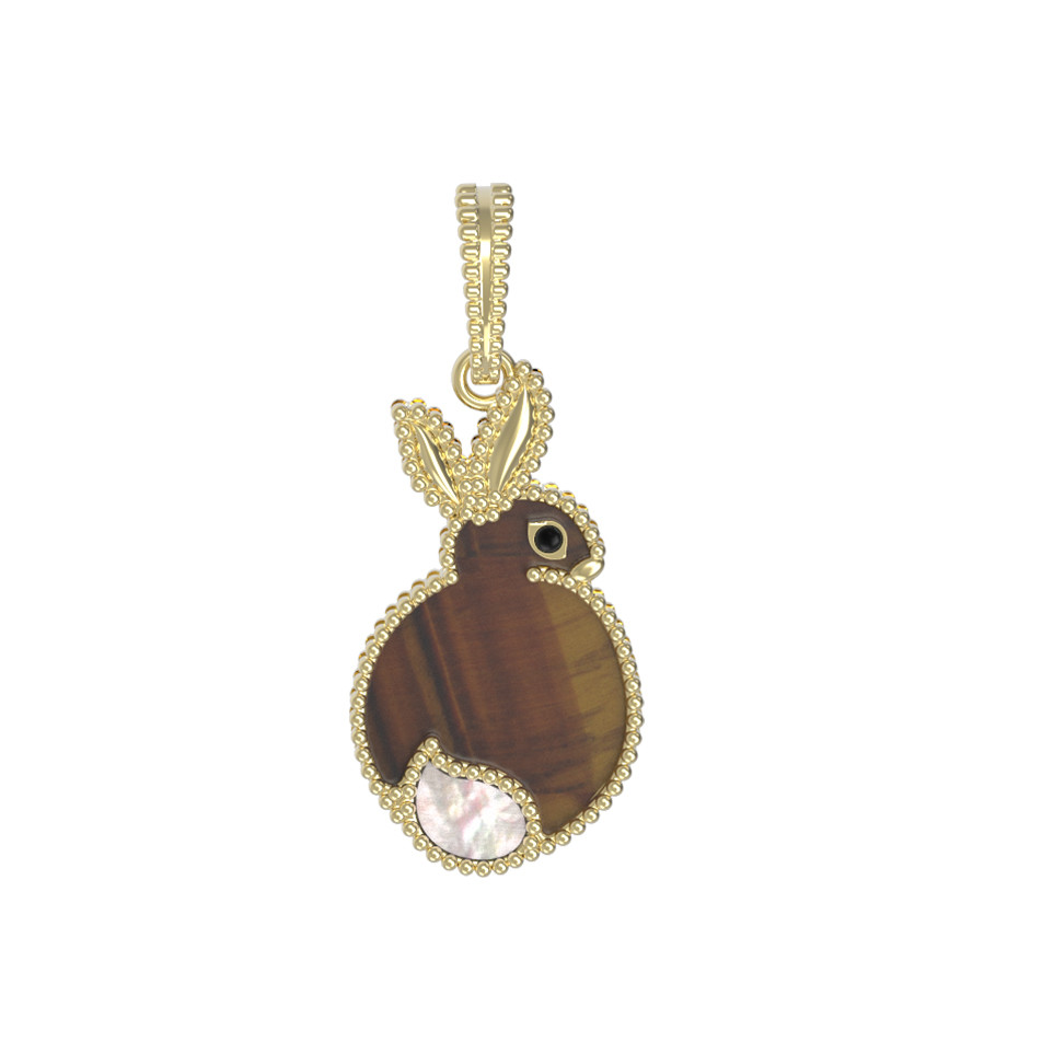 Подвеска из лимонного золота c эмалью, тигровым глазом и перламутром