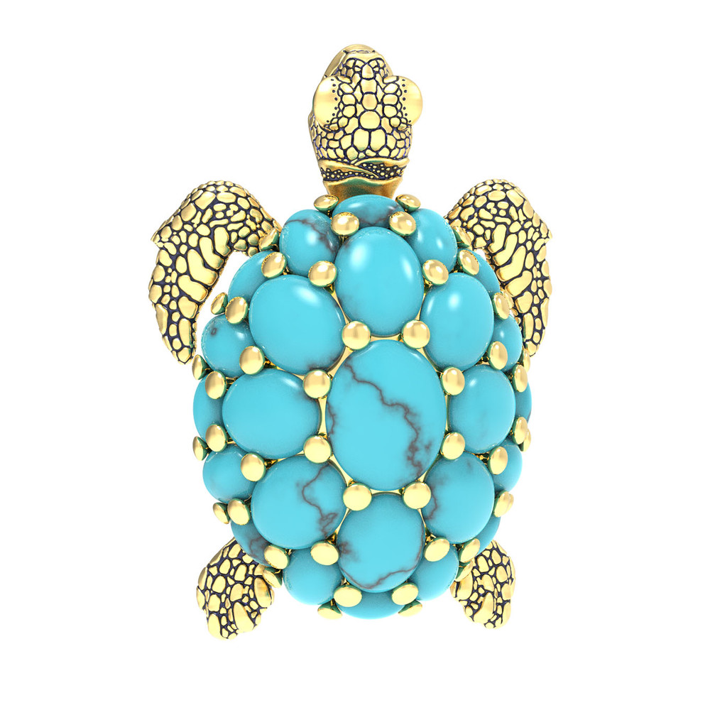 Брошь из лимонного золота c эмаль и бирюзой