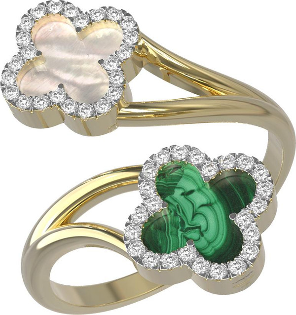 Кольцо из лимонного золота c бриллиантами, малахитом и перламутром