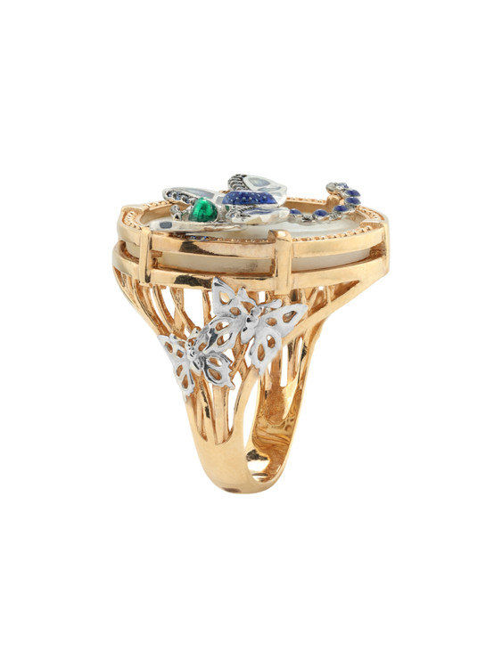 Кольцо из золота c сапфиром, эмалью и перламутром