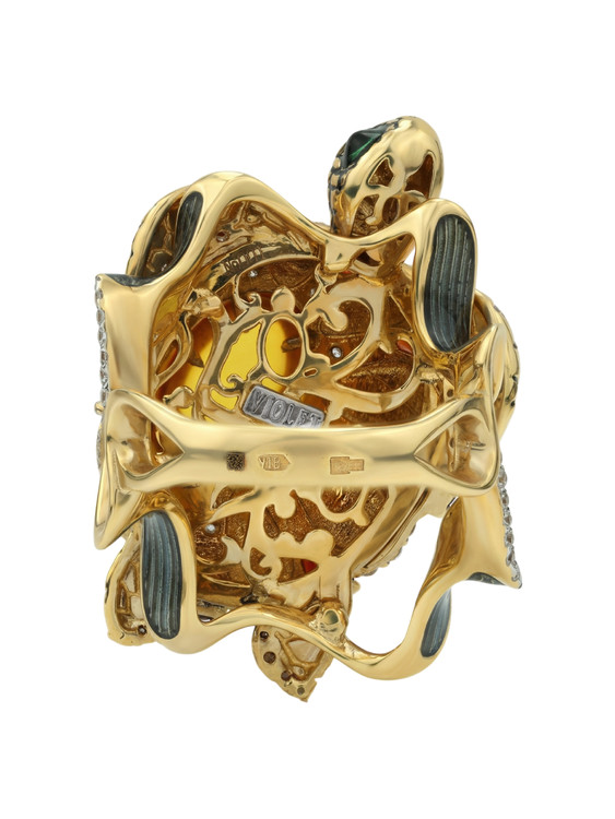 Кольцо из лимонного золота c эмалью, фианитом, гранатом и янтарём