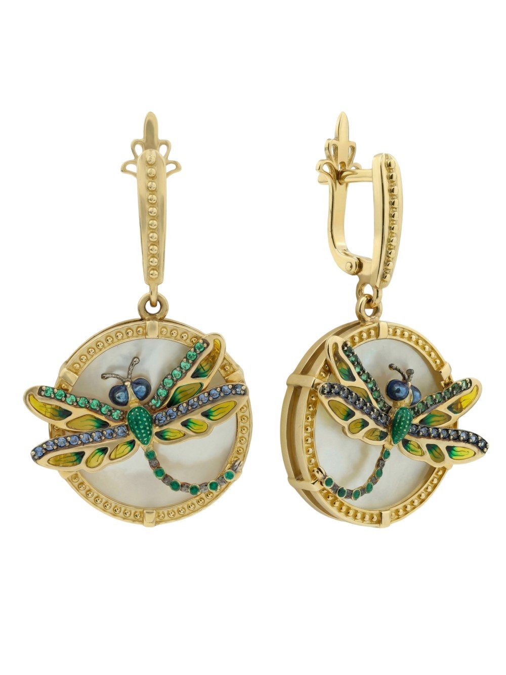 Серьги из лимонного золота c сапфиром, изумрудом, эмалью и перламутром