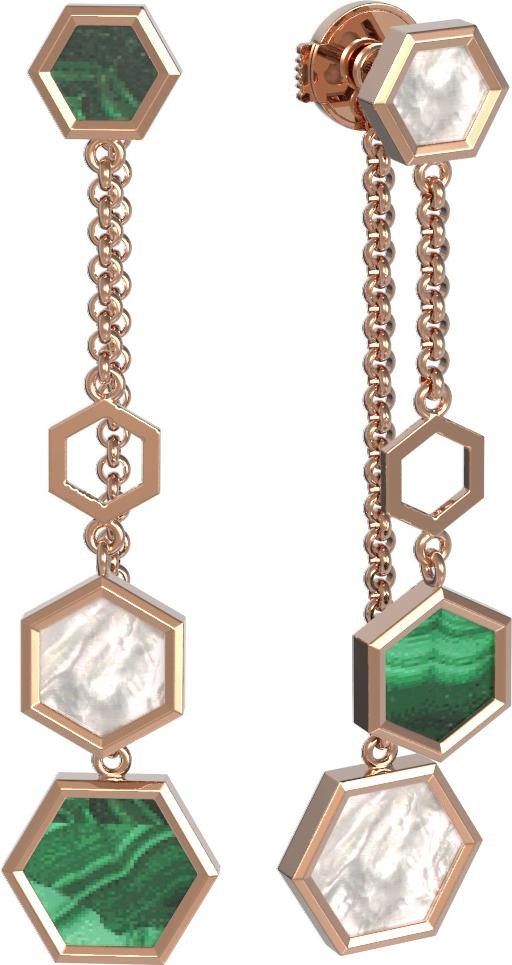 Серьги из золота c малахитом и перламутром