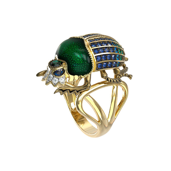 Кольцо из лимонного золота c эмаль , фианитом и турмалином