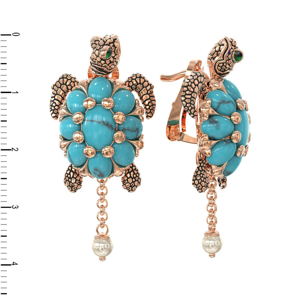 Серьги из золота c эмалью, жемчугом и бирюзой