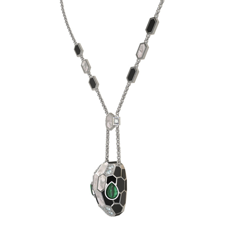 Колье из белого золота c бриллиантами, рубином, ониксом, малахитом и перламутром
