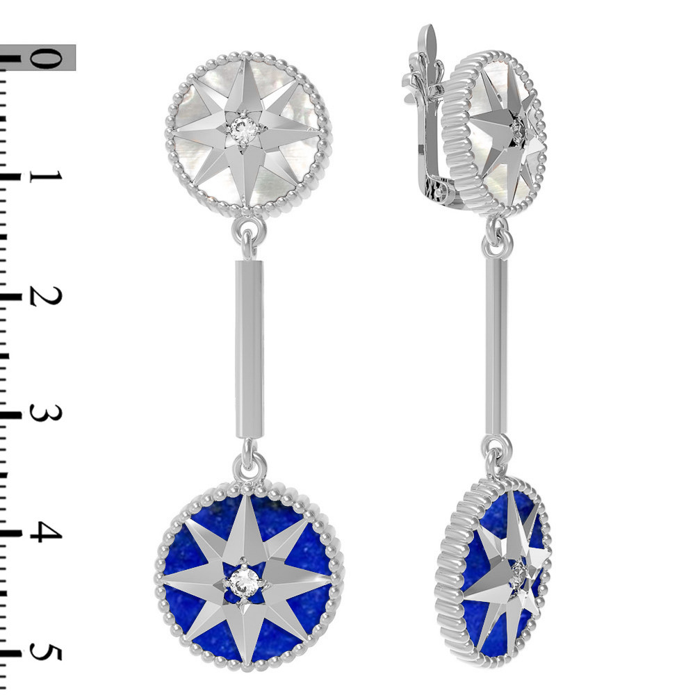 Серьги из белого золота c фианитом, лазуритом и перламутром