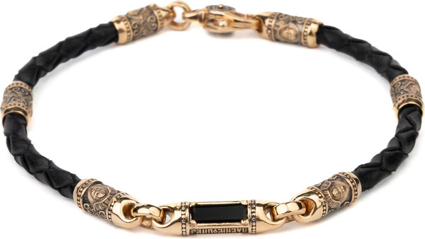 Браслет из золота c кожаным шнурком и ониксом