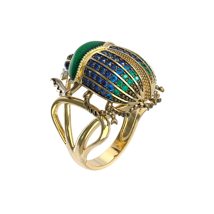 Кольцо из лимонного золота c эмалью, фианитом и турмалином