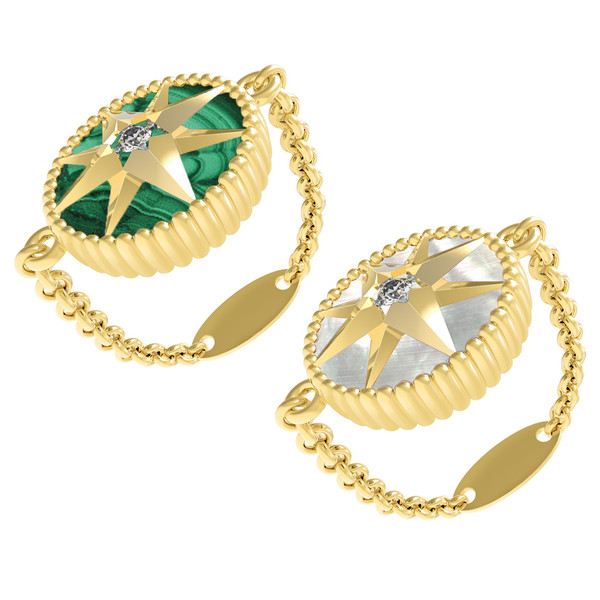 Кольцо из лимонного золота c фианитом, малахитом и перламутром