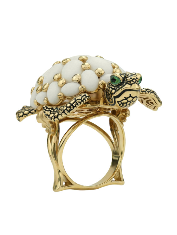 Кольцо из лимонного золота c эмалью и бивнем мамонта