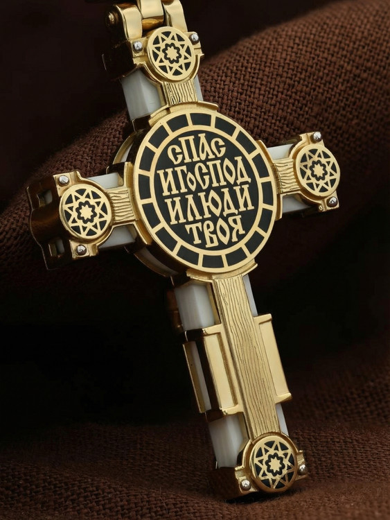 Крест из лимонного золота c эмаль и бивнем мамонта