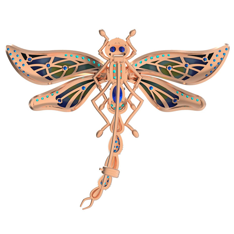 Брошь из золота c фианитом, сапфиром и эмалью