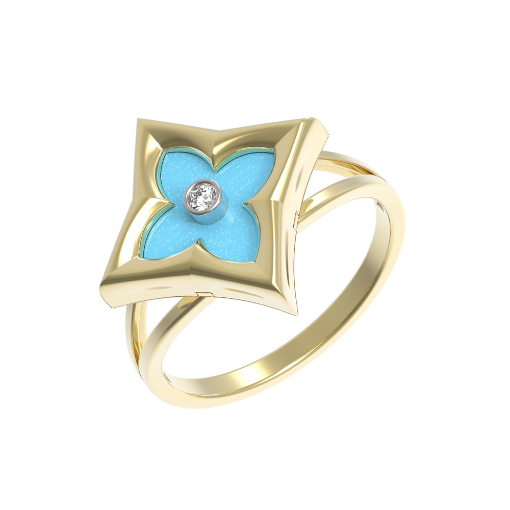 Кольцо из лимонного золота c бриллиантами и бирюзой