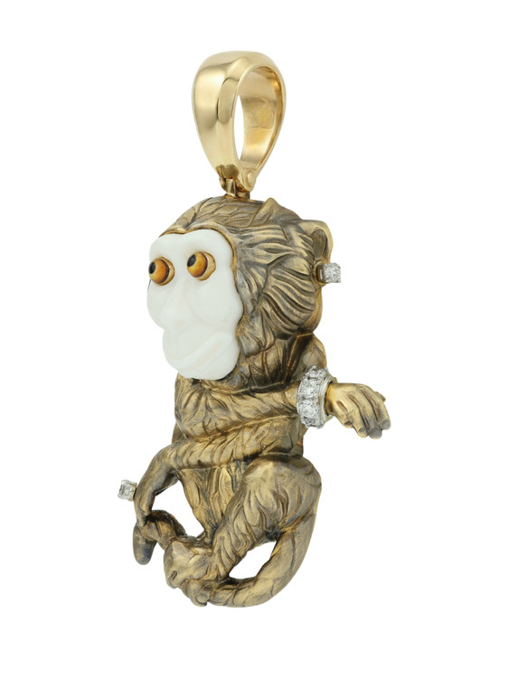 Подвеска из лимонного золота c эмаль , бриллиантами, рубином и бивнем мамонта