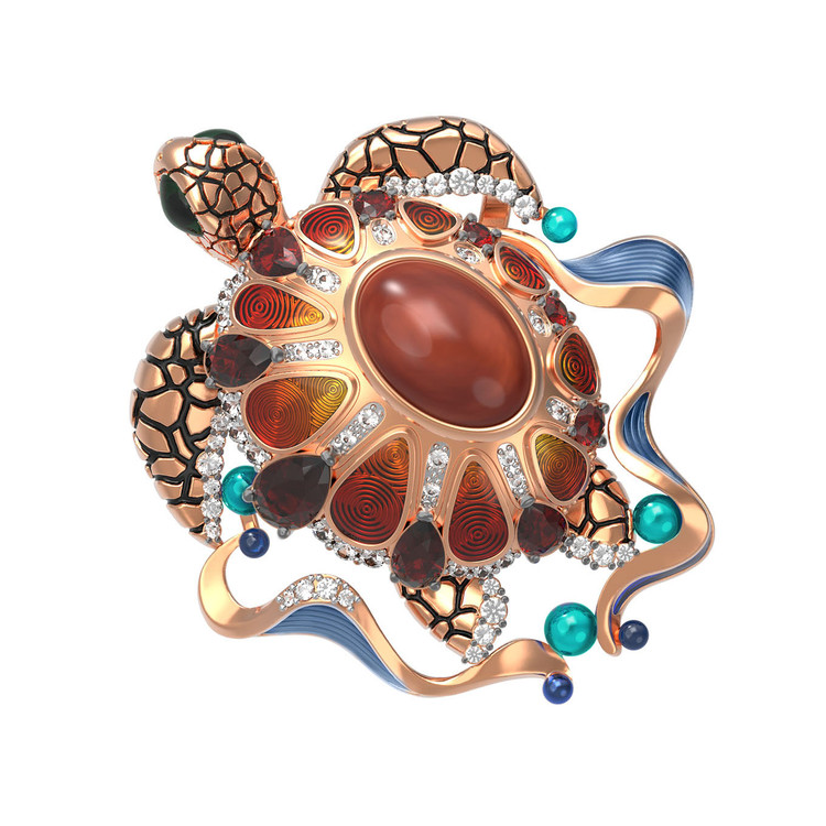 Подвеска из золота c эмаль , фианитом, гранатом и янтарём