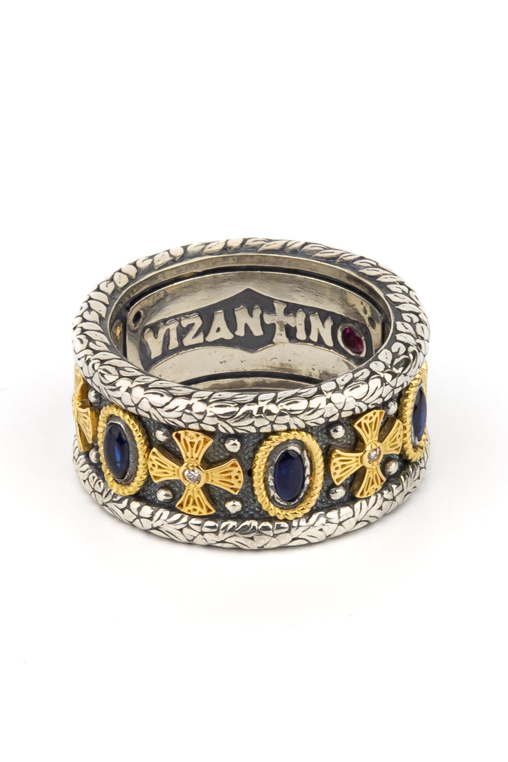 Кольцо из серебра и золота c бриллиантами, сапфиром и рубином