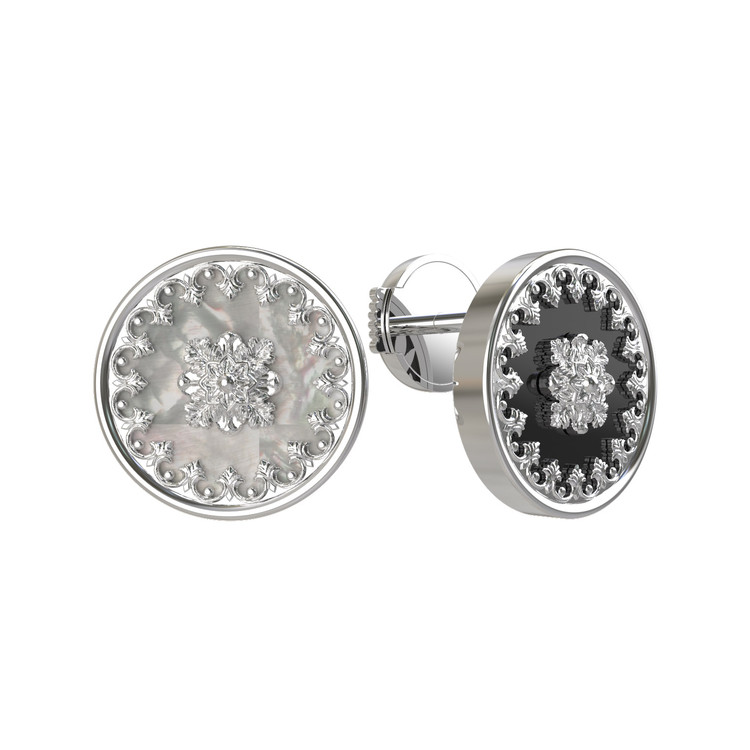 Серьги из белого золота c ониксом и перламутром