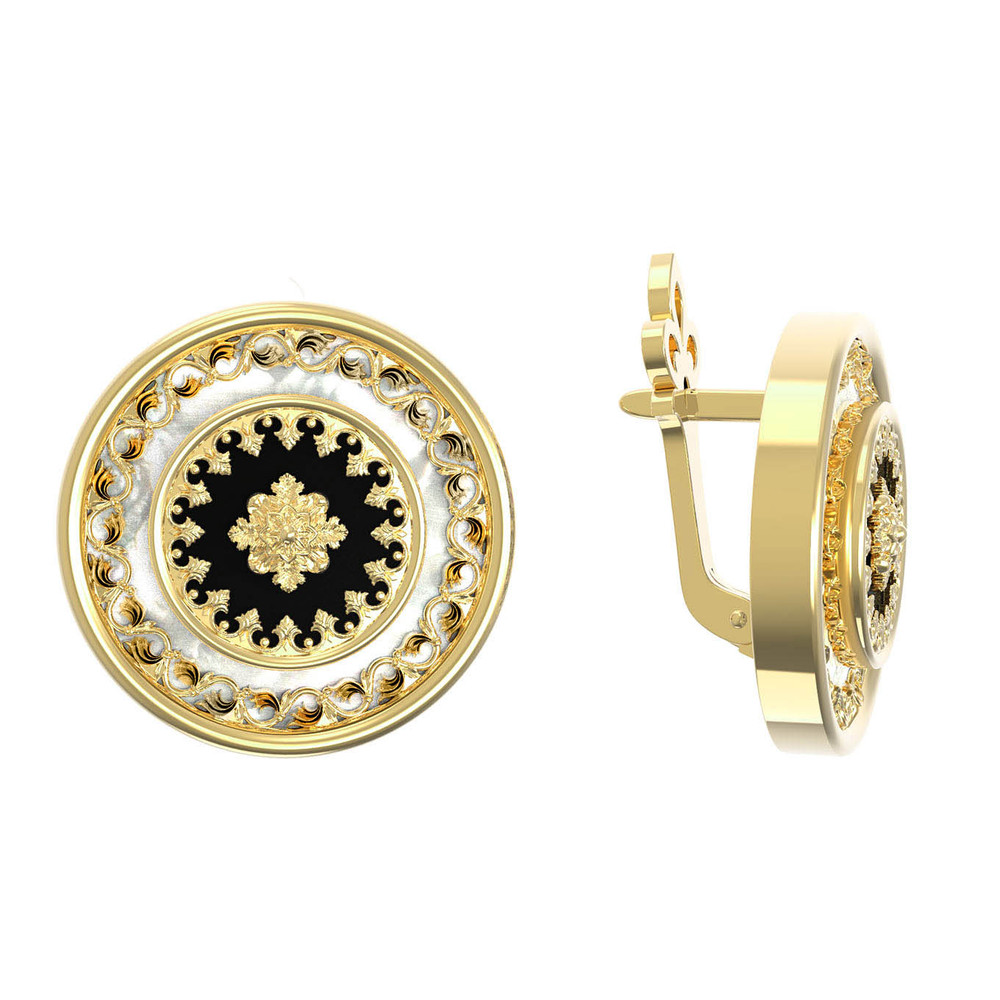 Серьги из лимонного золота c ониксом и перламутром