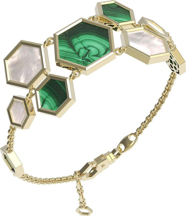 Браслет из лимонного золота c малахитом и перламутром