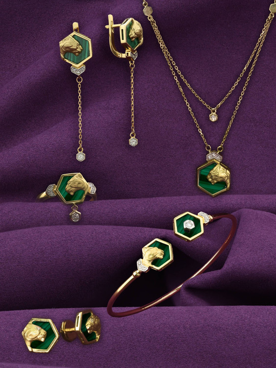 Серьги из лимонного золота c бриллиантами и малахитом