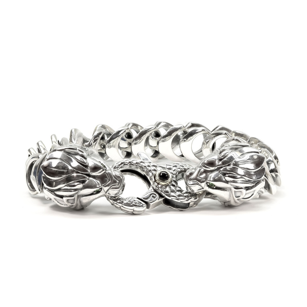 Браслет из серебра и золота c ониксом, изумрудом и рубином