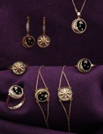 Серьги из золота 585 пробы c бриллиантами, ониксом и перламутром