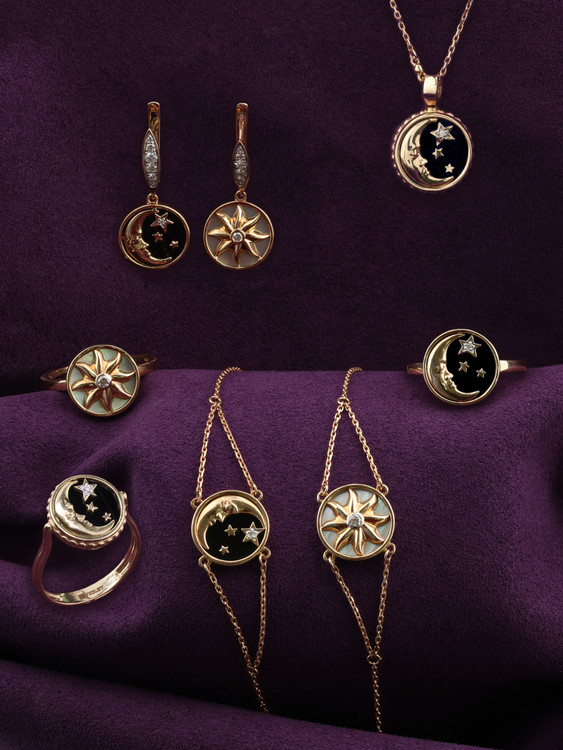 Серьги из золота c бриллиантами, ониксом и перламутром