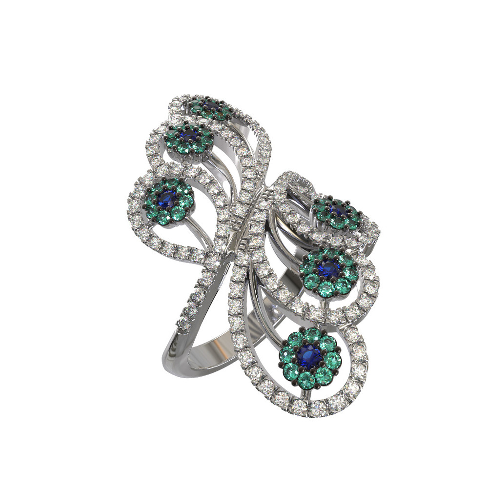 Кольцо из белого золота c бриллиантами, сапфиром и изумрудом
