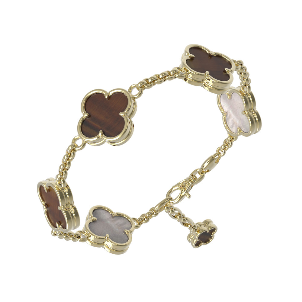 Браслет из лимонного золота c тигровым глазом и перламутром