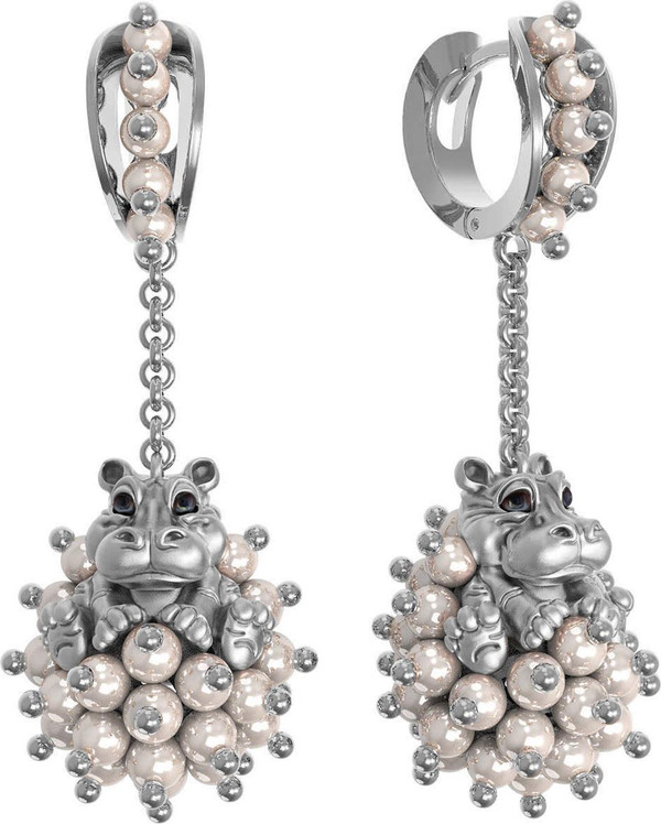 Серьги из белого золота c эмаль и жемчугом