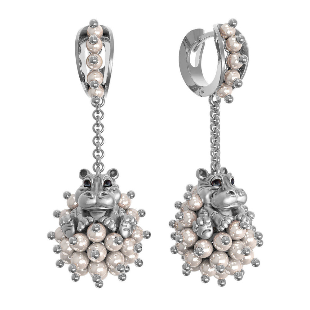 Серьги из белого золота c эмалью и жемчугом