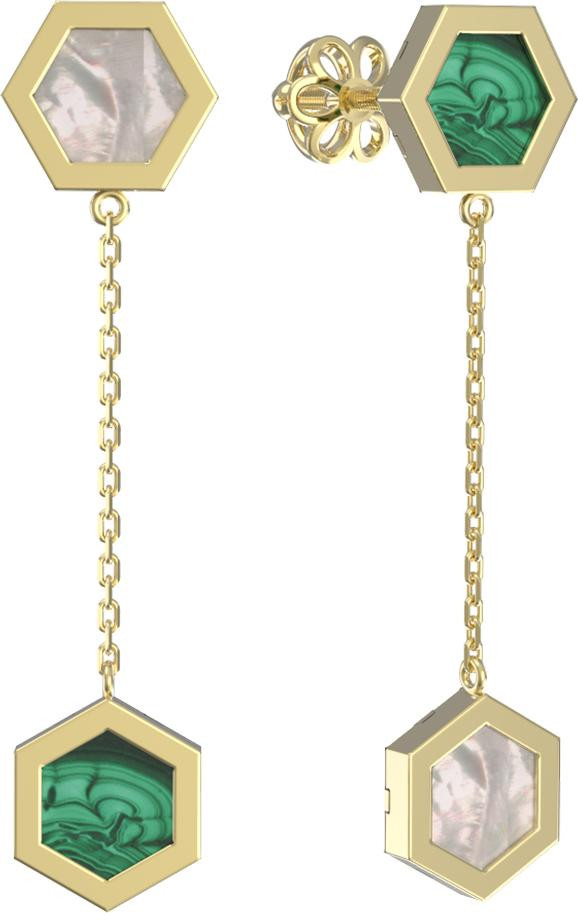 Серьги из лимонного золота c малахитом и перламутром