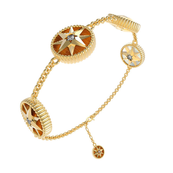 Браслет из лимонного золота c фианитом, тигровым глазом и перламутром