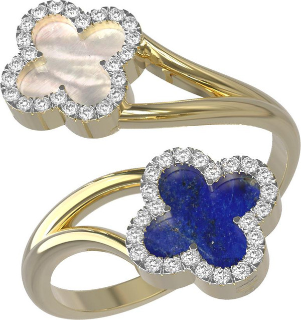 Кольцо из лимонного золота c бриллиантами, лазуритом и перламутром
