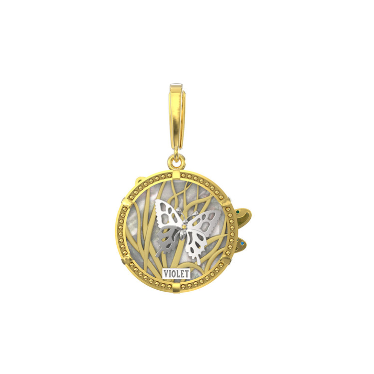 Подвеска из лимонного золота c сапфиром, изумрудом, эмалью и перламутром