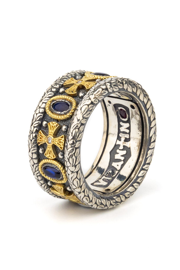 Кольцо из серебра и золота c бриллиантами, сапфиром и рубином