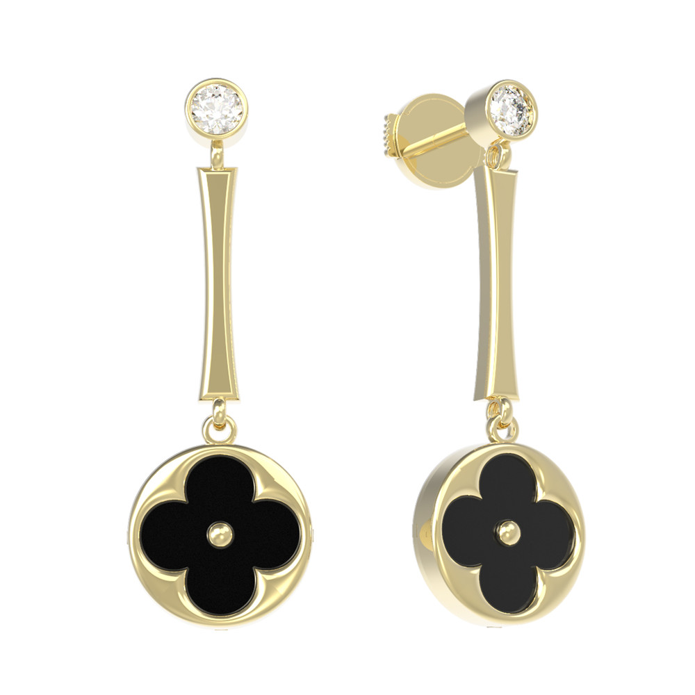 Серьги из лимонного золота c фианитом и ониксом