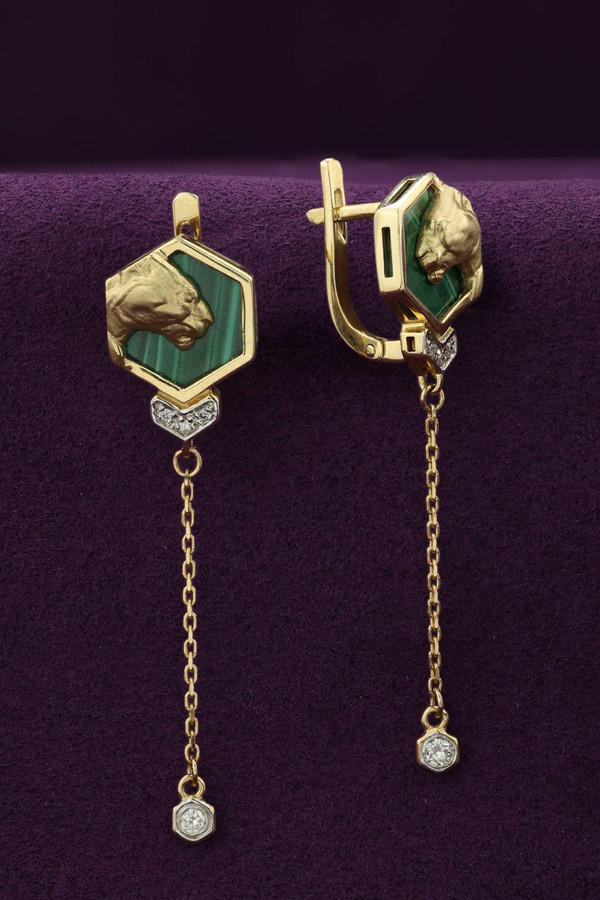 Серьги из лимонного золота c бриллиантами и малахитом