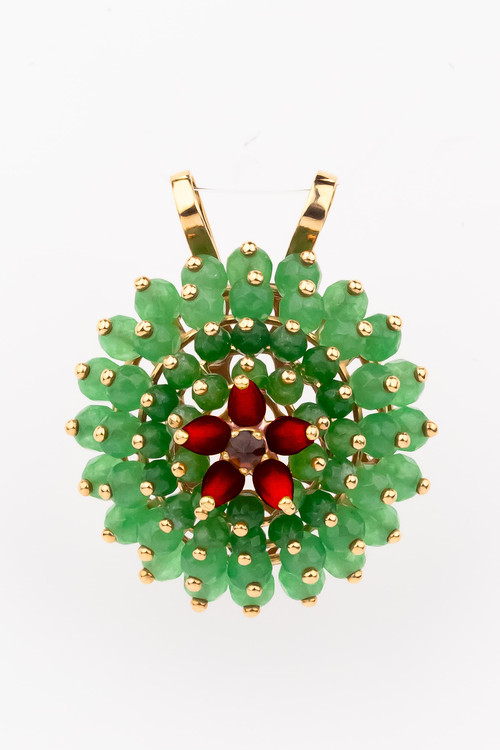 Подвеска из золота c гранатом, хризопразом и кораллом