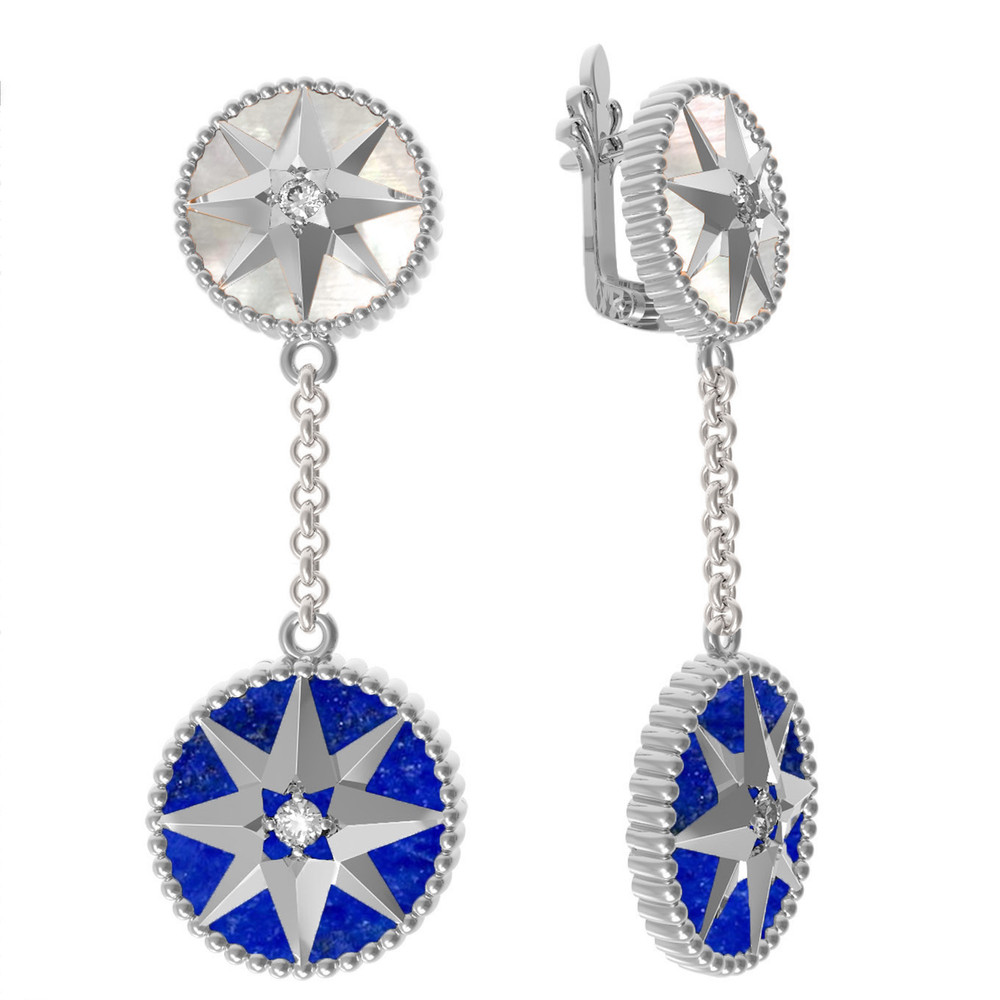 Серьги из белого золота c фианитом, лазуритом и перламутром