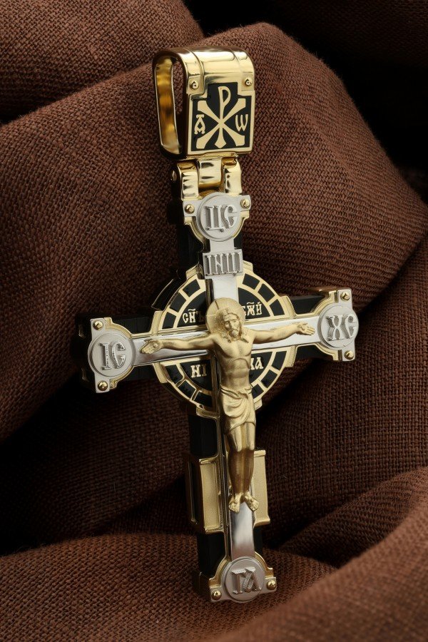 Крест из лимонного золота c эмаль и эбеновым деревом