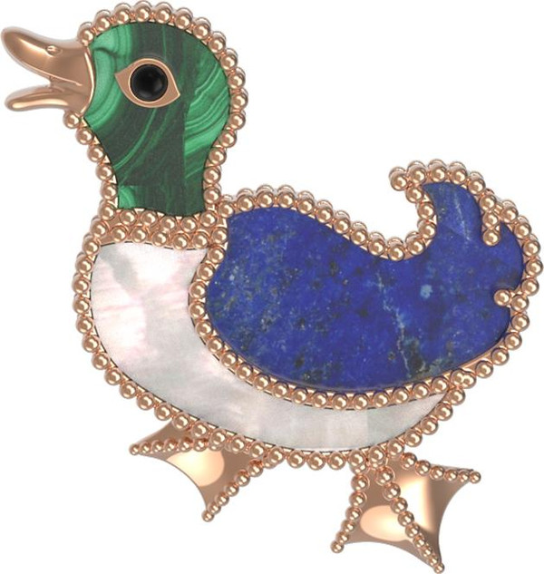 Брошь из золота c эмалью, лазуритом, малахитом и перламутром